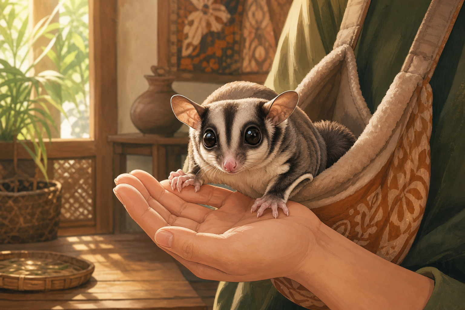 Ilustrasi sugar glider lucu bertengger lembut di tangan sebagai piaraan kesayangan